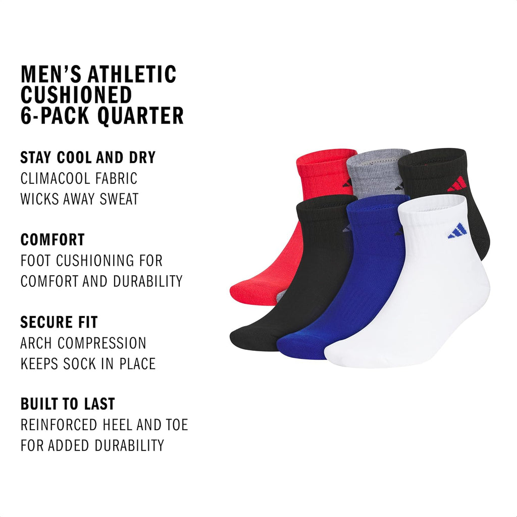 adidas Men's Athletic Cushioned Quarter Ankle Socks 6 Pairs