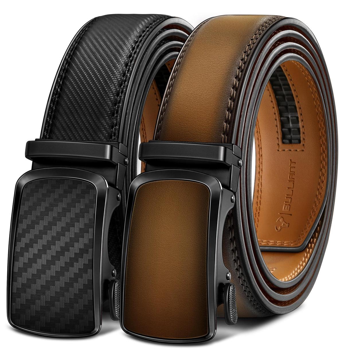 BULLIANT Men's Ratchet Leather Belt Trimmable 2Pack 1 3/8"-Gift Boxed
