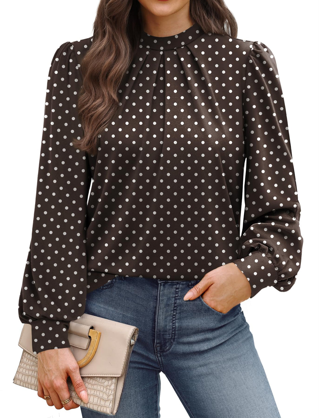 WIHOLL Long Sleeve Shirts for Women Mock Neck Tops Pleated Front Blouses Dressy Casual Spring Fall Clothes 2026 Fashion