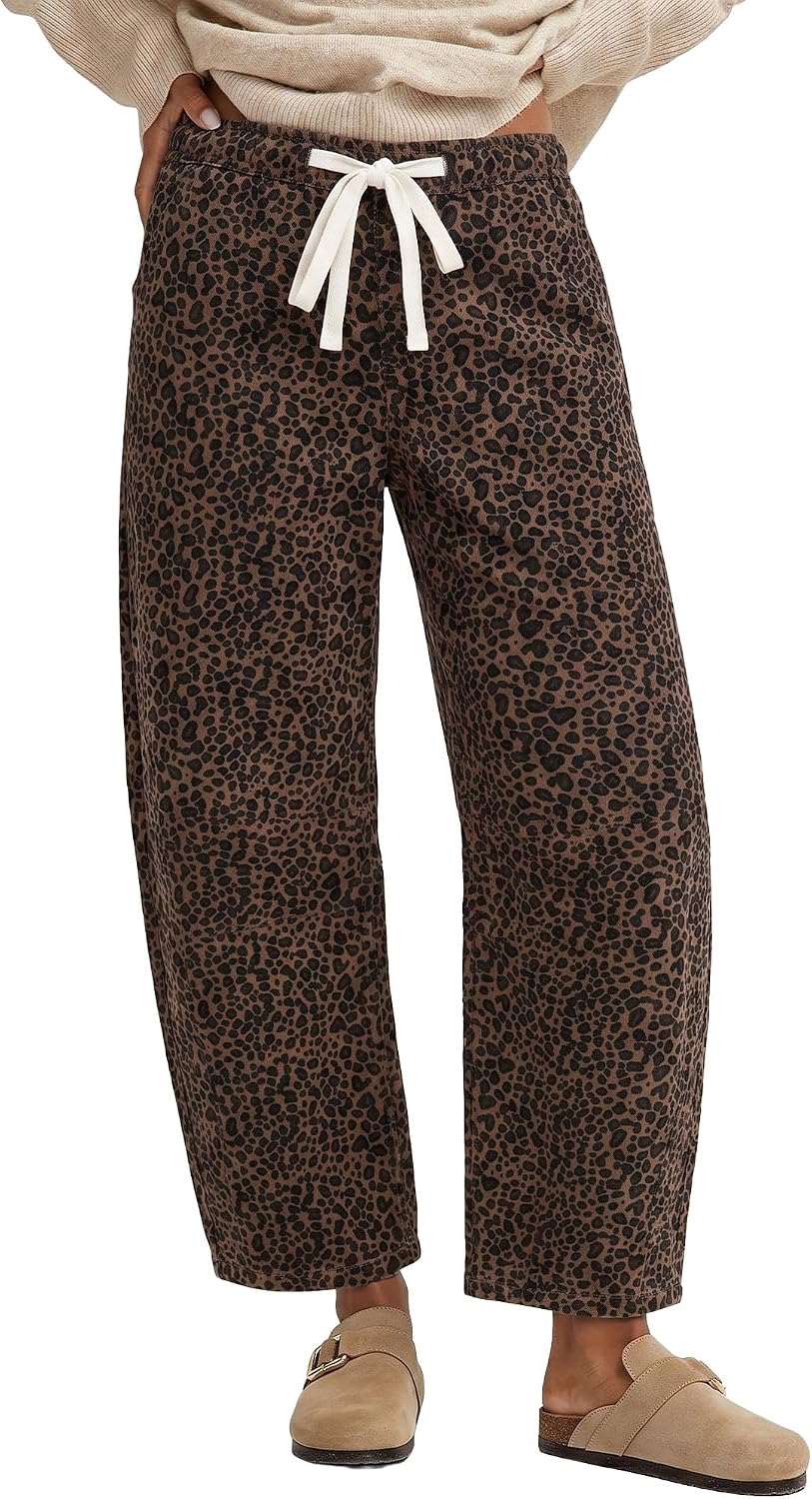 GRAPENT Barrel Jeans for Women Trendy High Waisted Pull On Wide Leg Cropped Leopard Cheetah Print Stretchy Denim Pants