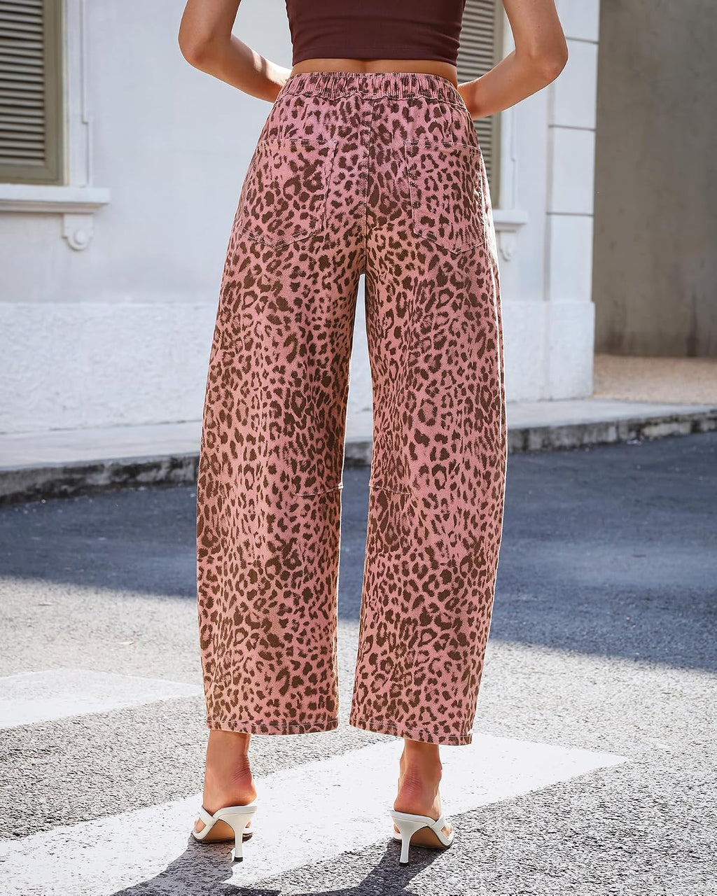 GRAPENT Barrel Jeans for Women Trendy High Waisted Pull On Wide Leg Cropped Leopard Cheetah Print Stretchy Denim Pants