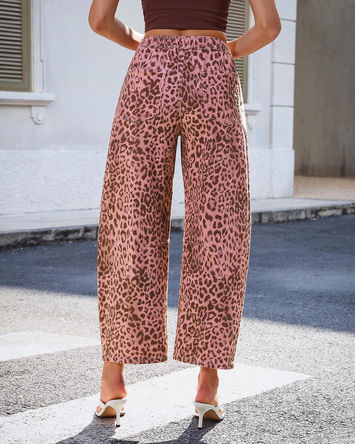 GRAPENT Barrel Jeans for Women Trendy High Waisted Pull On Wide Leg Cropped Leopard Cheetah Print Stretchy Denim Pants