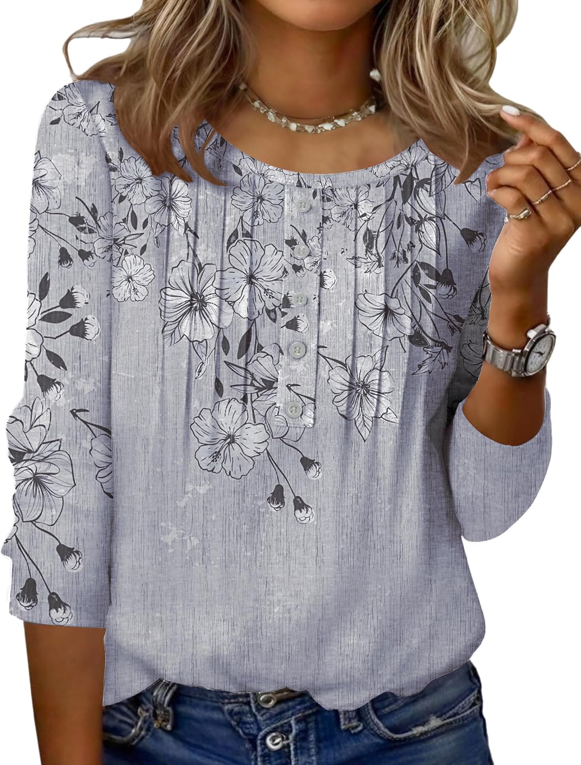 Zeagoo 3/4 Length Sleeve Womens Tops Round Neck Casual Summer Tunic Tops Basic Tees Blouses Dressy T-Shirts Pleated Shirts