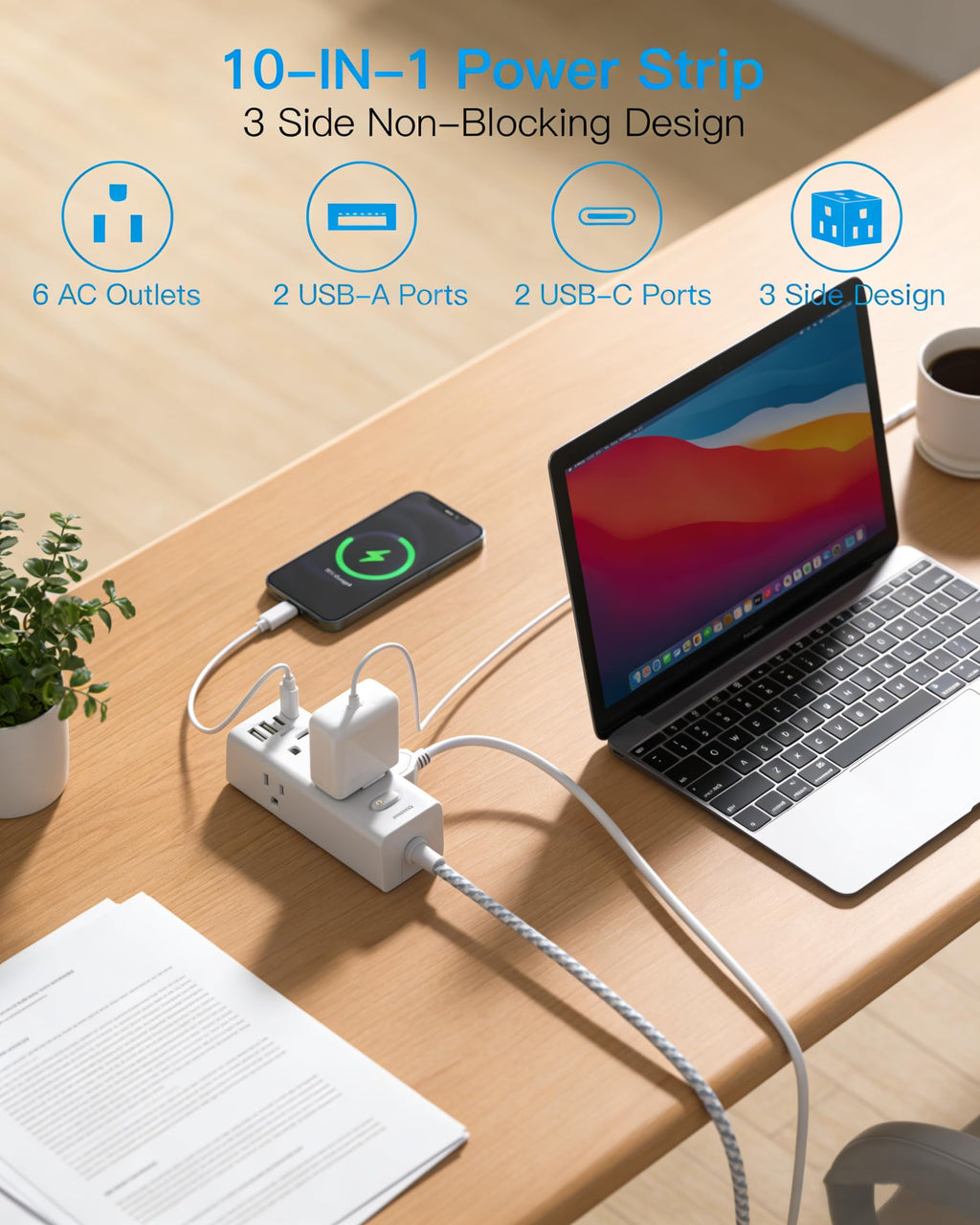 Surge Protector Power Strip 10Ft Long Extension Cord with Multiple Outlets