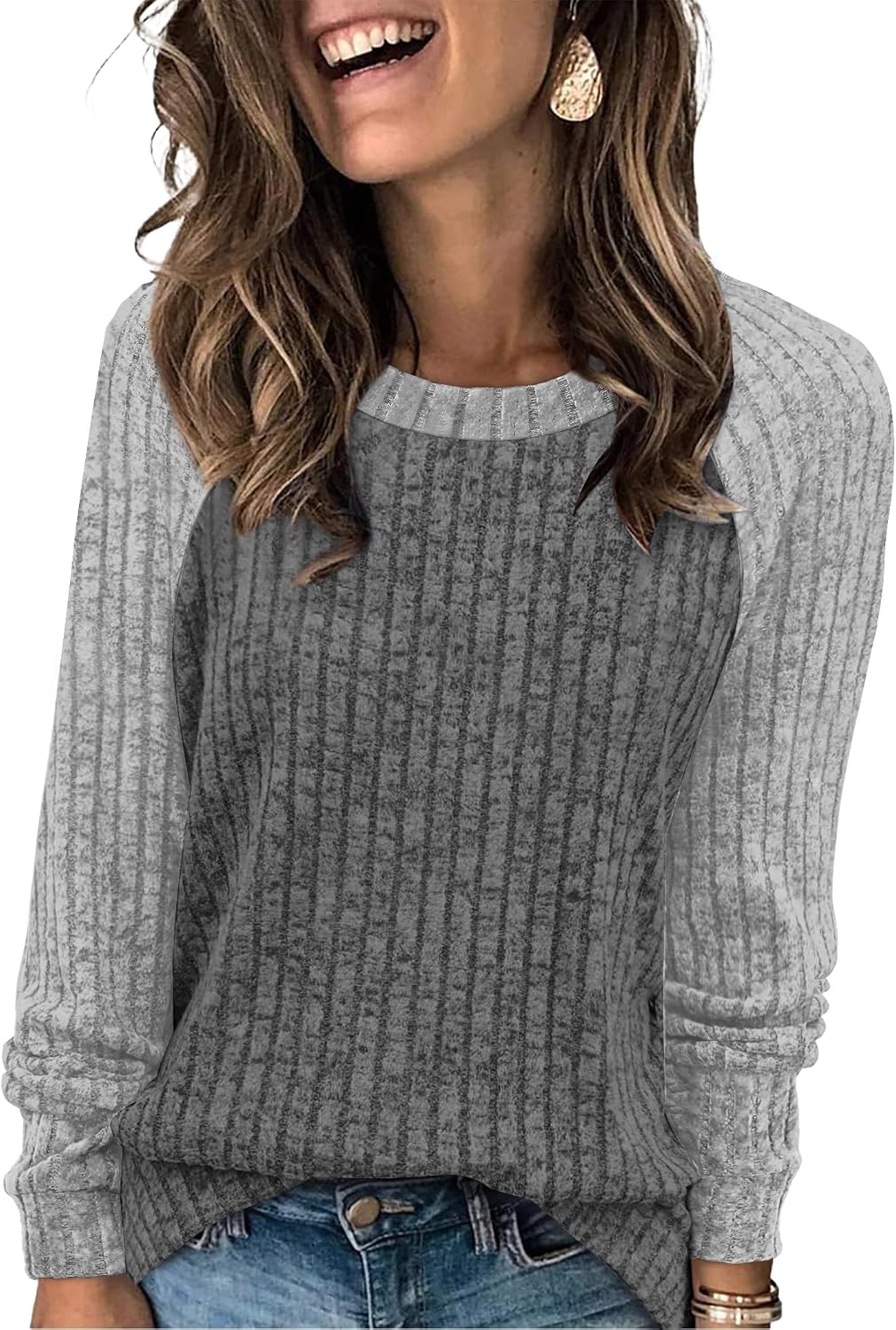 WIHOLL Long Sleeve Shirts for Women Lightweight Sweaters Fall Outfits 2026 Color Block Winter Clothing Dressy Casual Soft