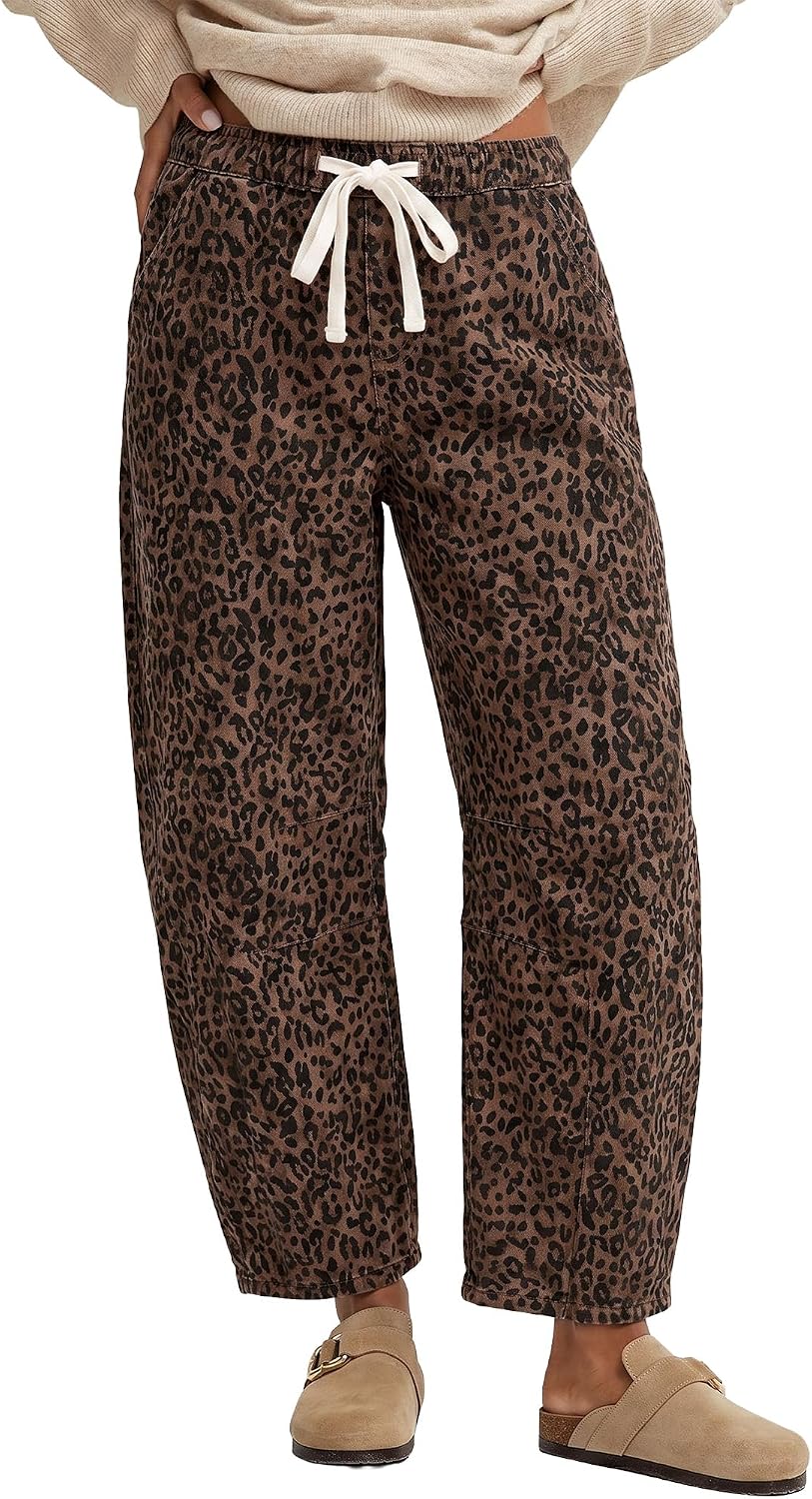GRAPENT Barrel Jeans for Women Trendy High Waisted Pull On Wide Leg Cropped Leopard Cheetah Print Stretchy Denim Pants