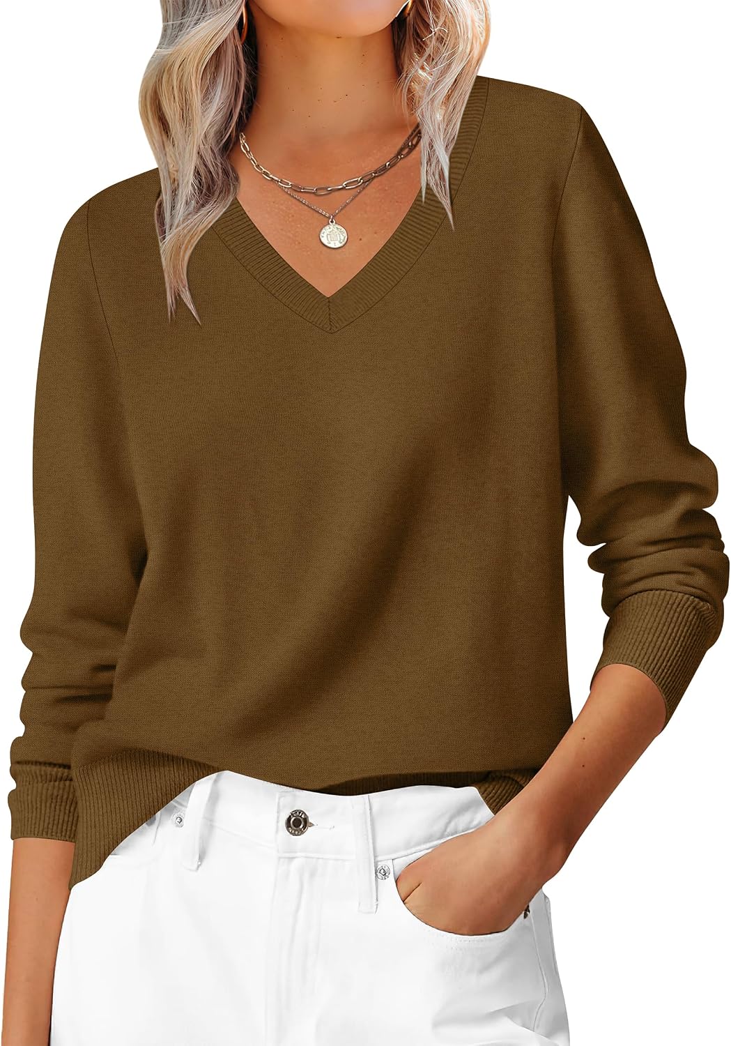 ANRABESS Women’s Fall Long Sleeve V Neck Lightweight Sweaters Top