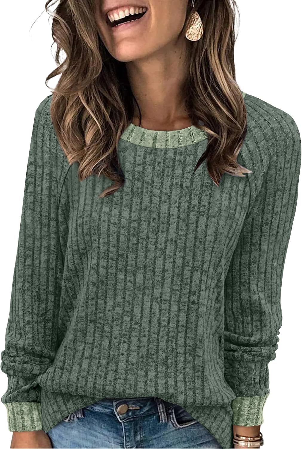 WIHOLL Long Sleeve Shirts for Women Lightweight Sweaters Fall Outfits 2026 Color Block Winter Clothing Dressy Casual Soft