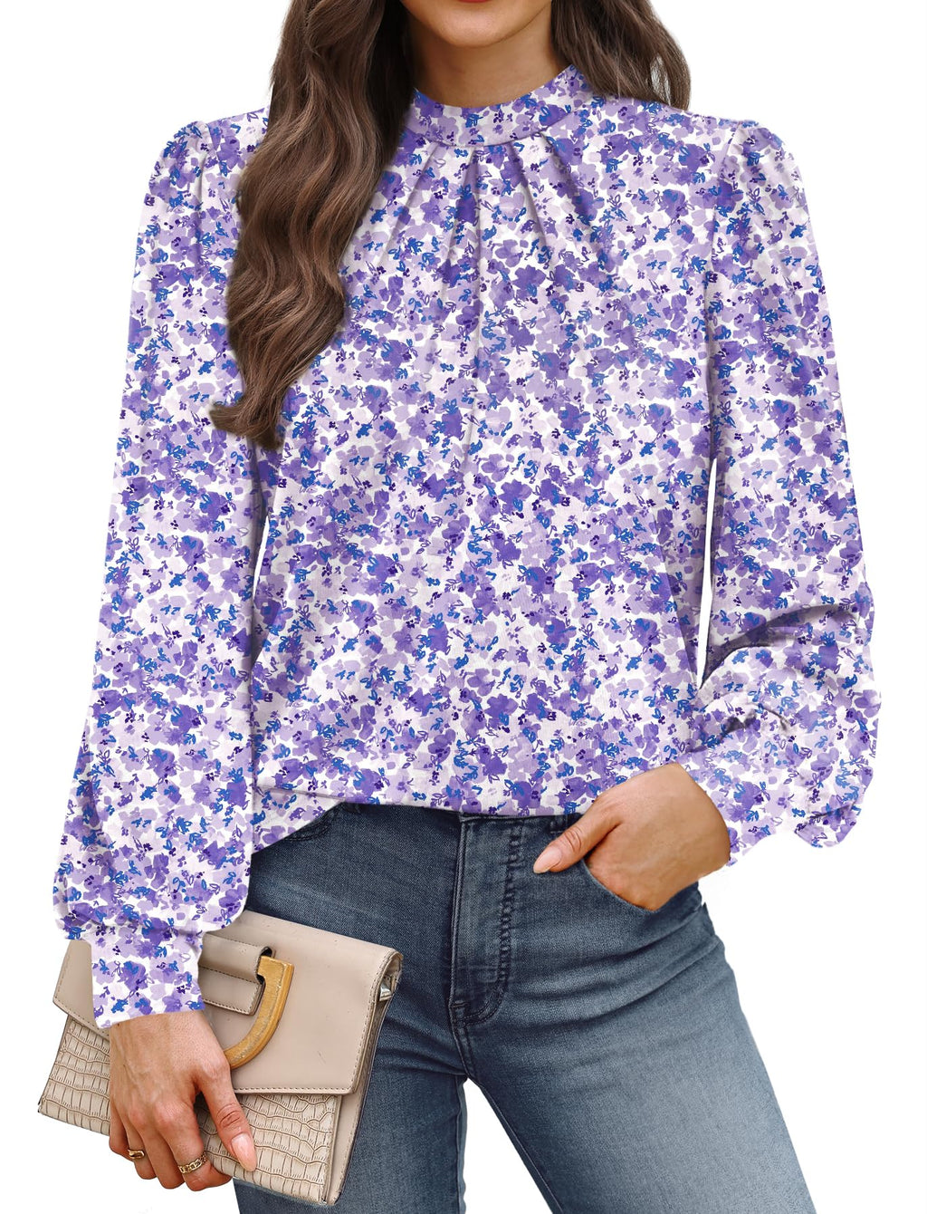 WIHOLL Long Sleeve Shirts for Women Mock Neck Tops Pleated Front Blouses Dressy Casual Spring Fall Clothes 2026 Fashion