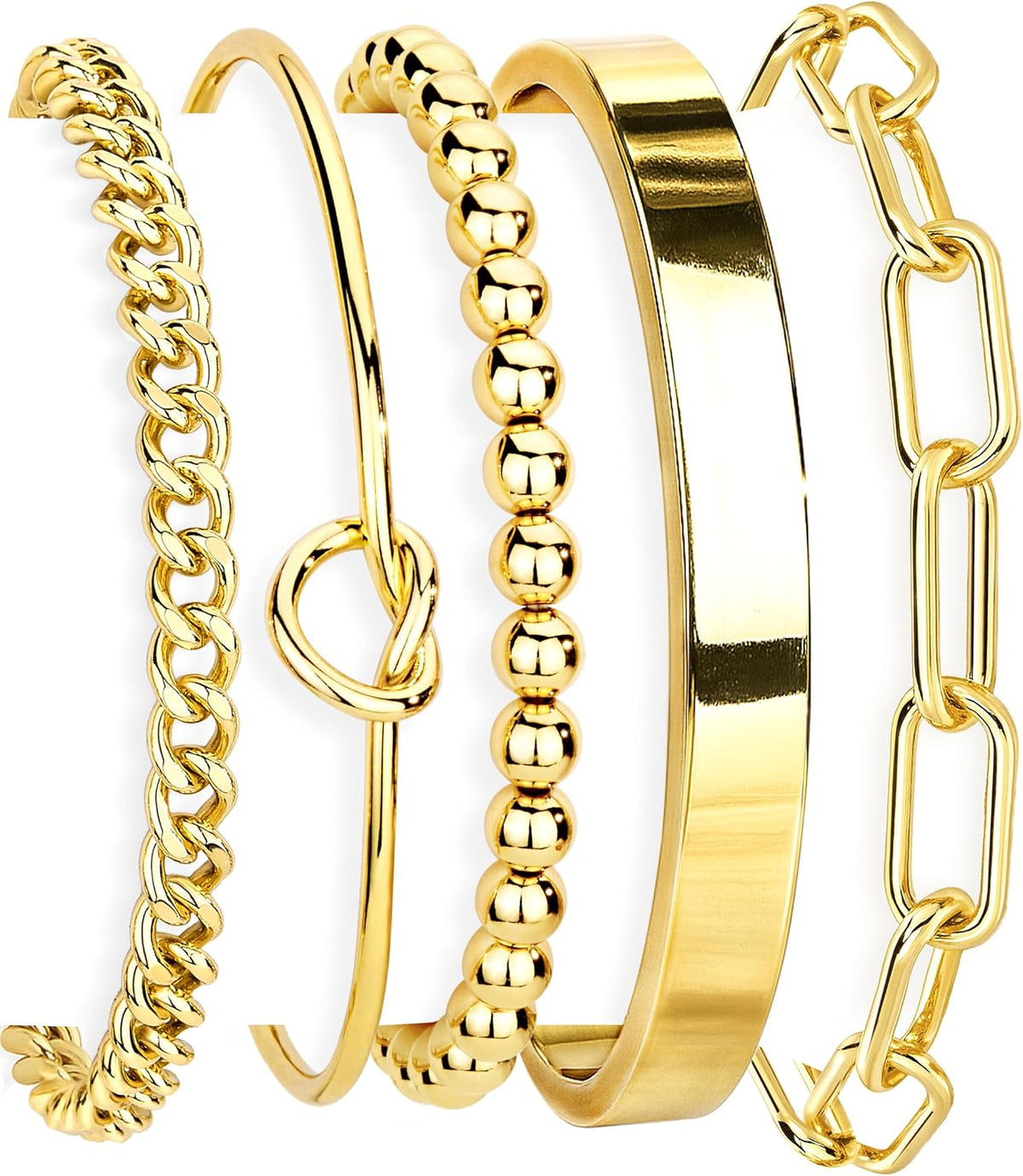 Gokeey Gold Bracelets Set for Women Non Tarnish, Waterproof 14K Gold Plated Sterling Silver Chunky Cuff Bracelet Stackable Gold Bangles Bracelet for Women Trendy Fashion Accessories Tie Knot Cuban Rope Paperclip Beaded Bracelet Stack Jewelry Mothers Day G