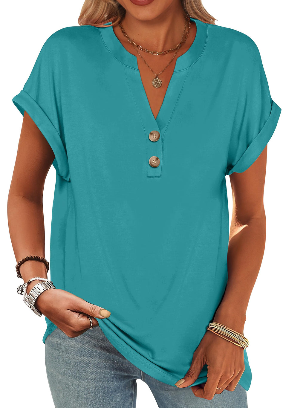 ANRABESS Womens Short Sleeve Henley Tops Summer Shirts Dressy Casual Blouse