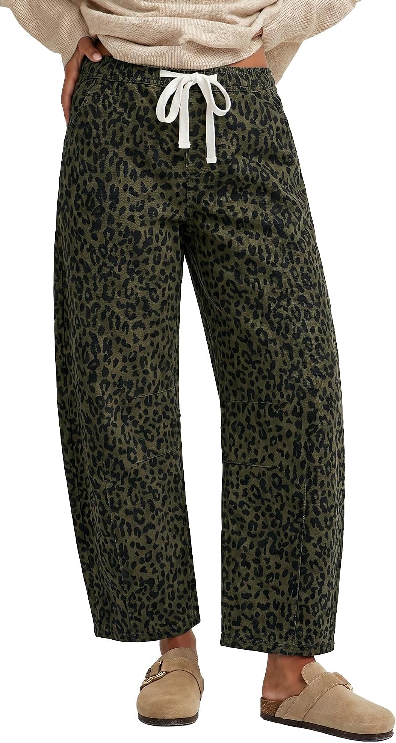 GRAPENT Barrel Jeans for Women Trendy High Waisted Pull On Wide Leg Cropped Leopard Cheetah Print Stretchy Denim Pants