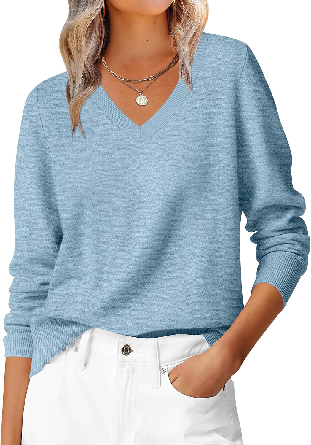 ANRABESS Women’s Fall Long Sleeve V Neck Lightweight Sweaters Top