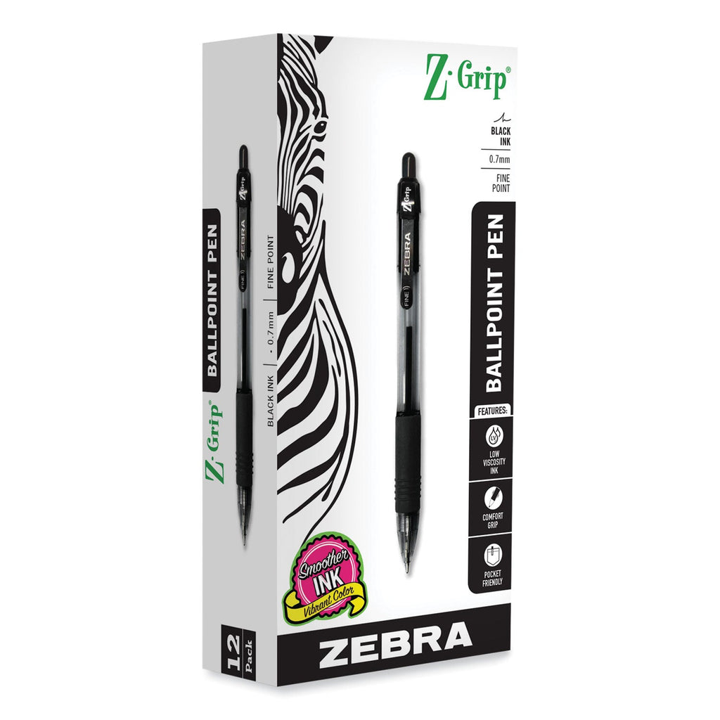 Zebra Z-Grip Ballpoint Pen, Retractable, Medium 0.7 mm, Black Ink, Black Tinted Barrel, 12/Pack