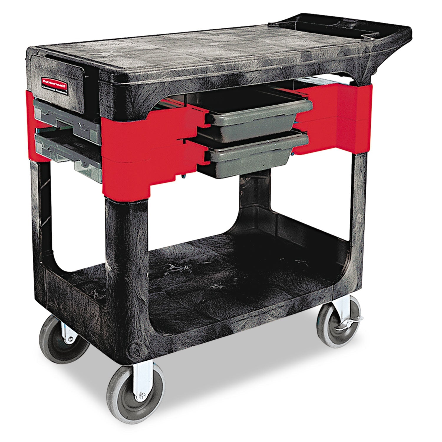 Rubbermaid Two-Shelf Trades Cart, Plastic, 2 Shelves, 2 Drawers, 330 lb Capacity, 19.25" x 38" x 33.38", Black