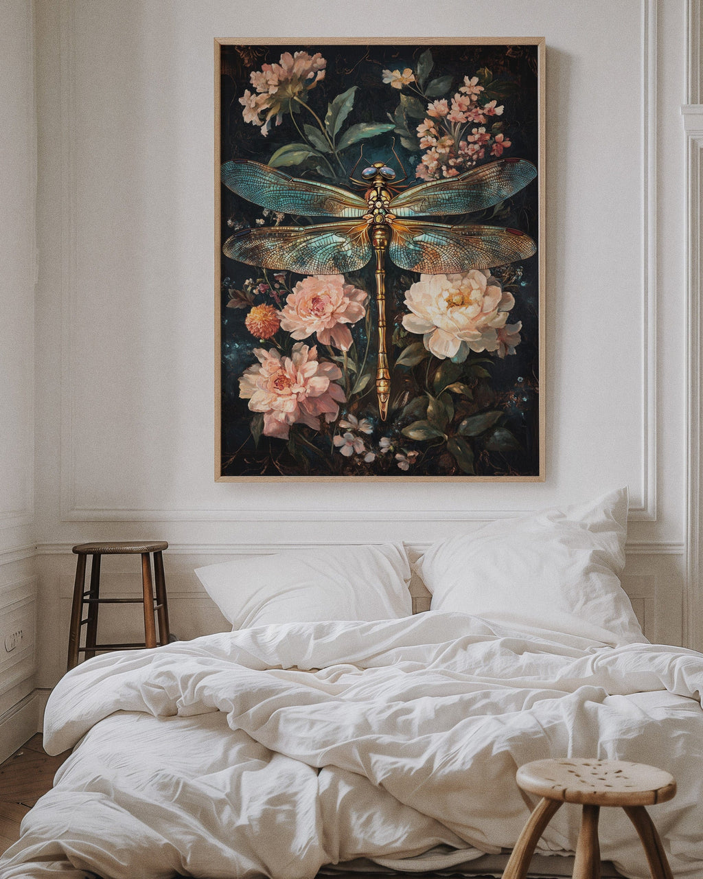 Golden Dragonfly: Dark Floral Baroque Canvas Wall Art