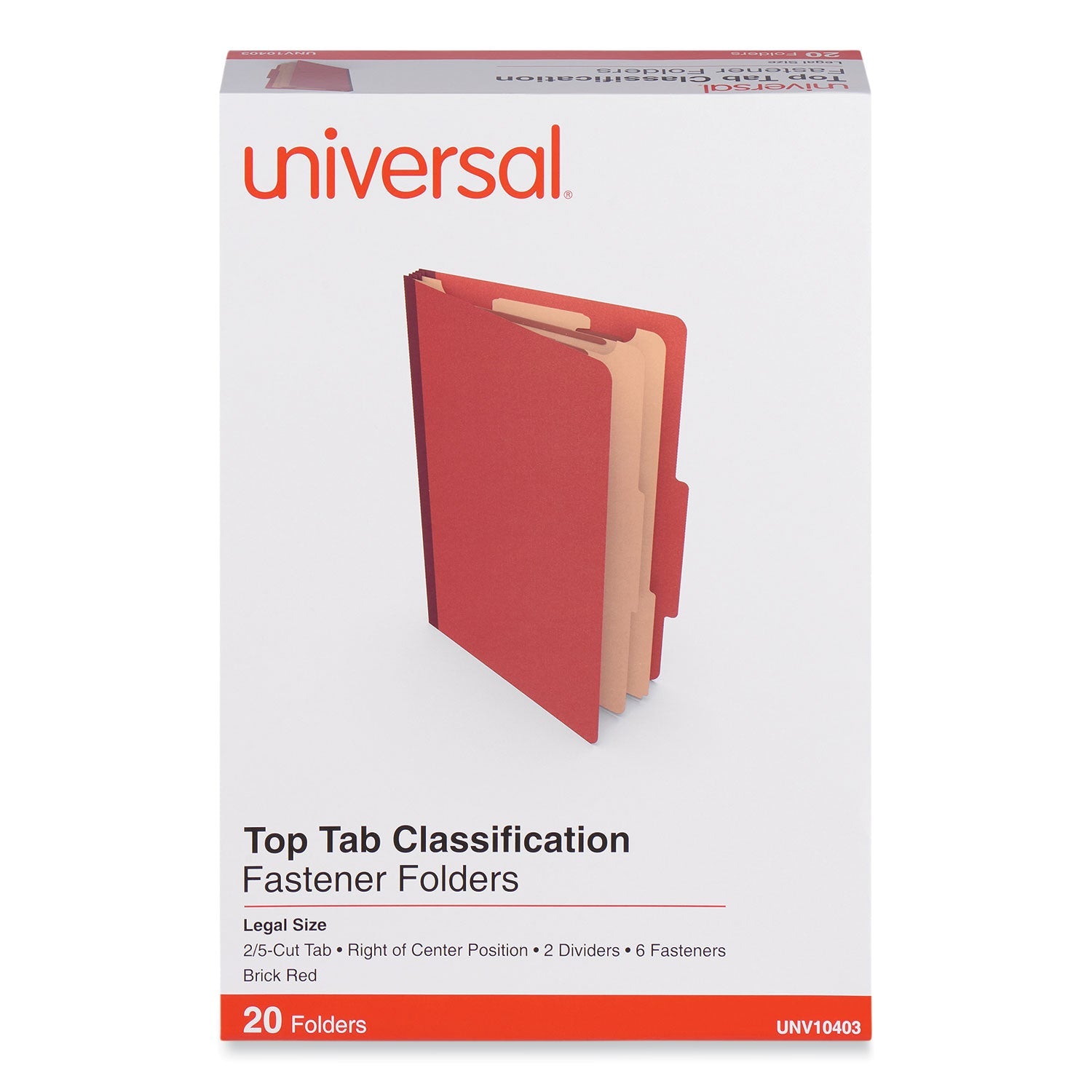 Universal Six-Section Classification Folders, Heavy-Duty Pressboard Cover, 2 Dividers, 2.5" Expansion, Legal Size, Brick Red, 20/Box