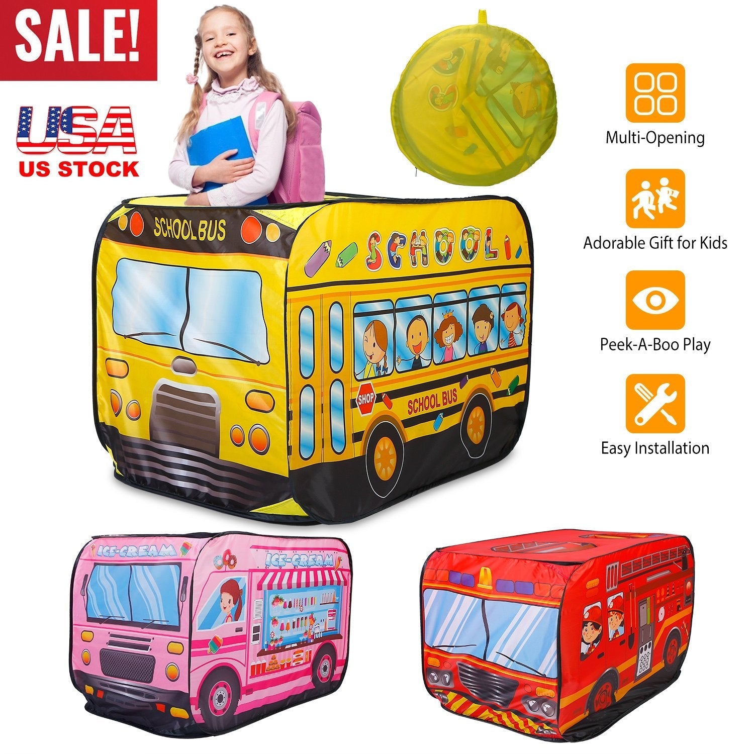 Kids Play Tent Foldable Pop Up Fire Truck Tent Portable Children Baby Play House W/ Carry Bag For Indoor Outdoor Use