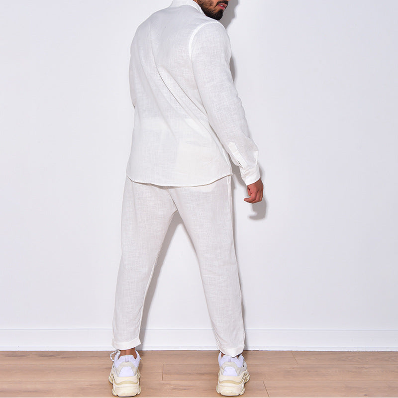Men’s Linen Two-Piece Set – V-Neck Long Sleeve Top & Straight Pants