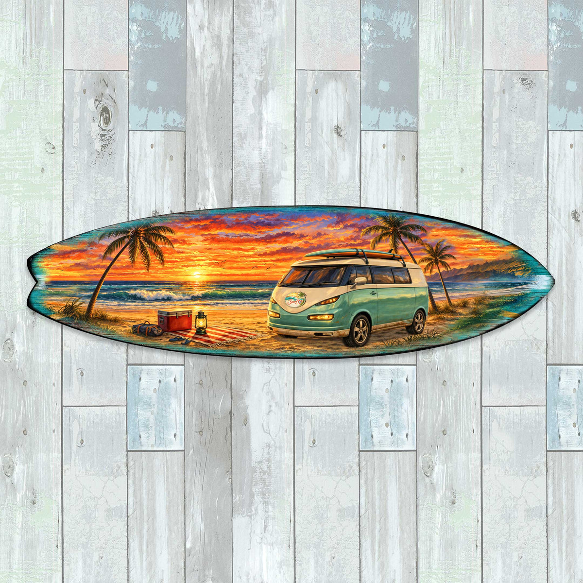 Sunset Beach Camper Surfboard Wall Art – Handcrafted Coastal Decor by G.DeBrekht – Beach House Accent for Indoor & Outdoor – 8490165HS