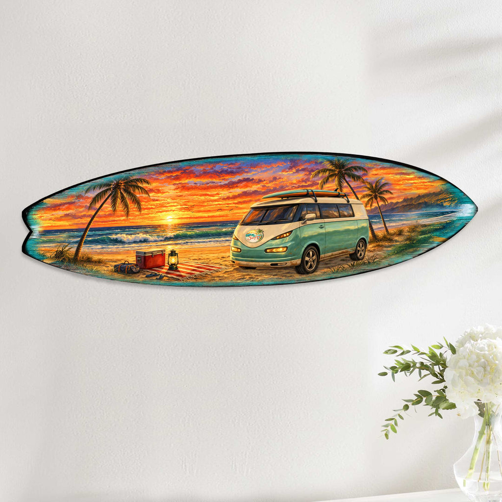 Sunset Beach Camper Surfboard Wall Art – Handcrafted Coastal Decor by G.DeBrekht – Beach House Accent for Indoor & Outdoor – 8490165HS
