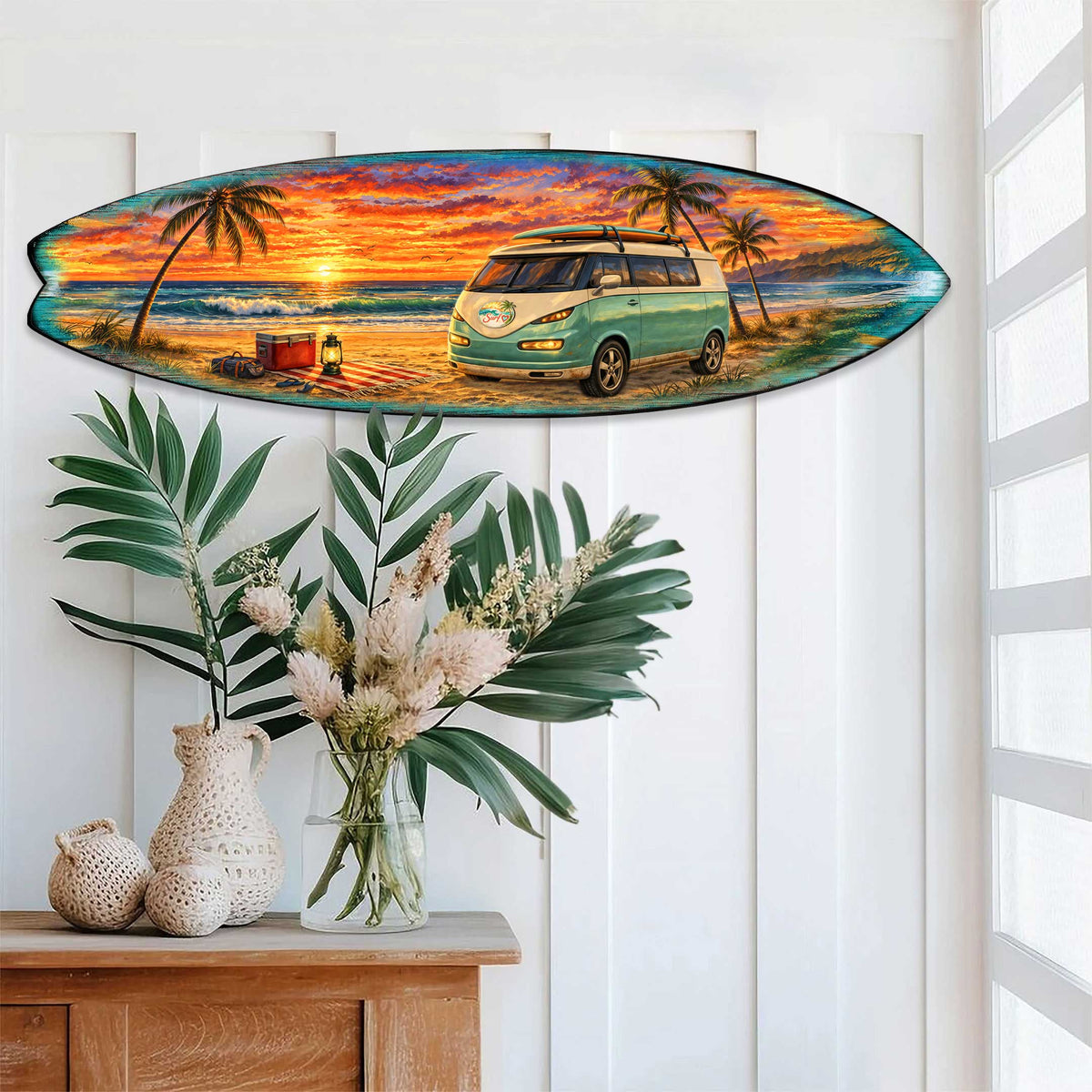 Sunset Beach Camper Surfboard Wall Art – Handcrafted Coastal Decor by G.DeBrekht – Beach House Accent for Indoor & Outdoor – 8490165HS