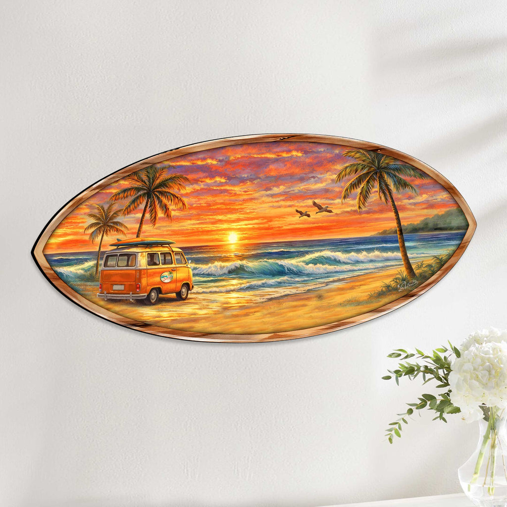 Sunset Beach Van Surfboard Wall Art – Handcrafted Coastal Wooden Decor by G.DeBrekht – Beach House Ocean Decor – 8490166HS
