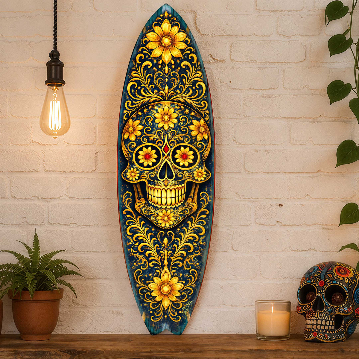 Gold Floral Sugar Skull Surfboard Wall Art - Day of the Dead Decor - Handcrafted Coastal Wooden Decor by G.DeBrekht – 8490169HS
