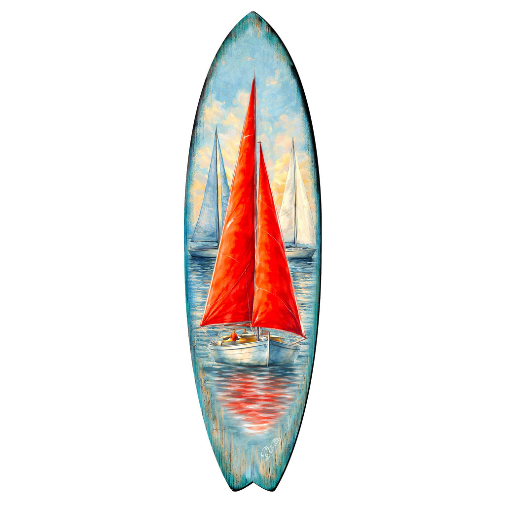 Red Sailboat Surfboard Wall Art – Coastal Nautical Boat Decor - Handcrafted Coastal Wooden Decor by G.DeBrekht – 8490172HS