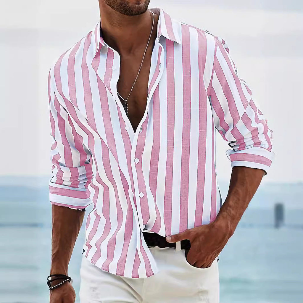 Men’s Striped Button-Up Shirt – Casual Loose Long-Sleeve
