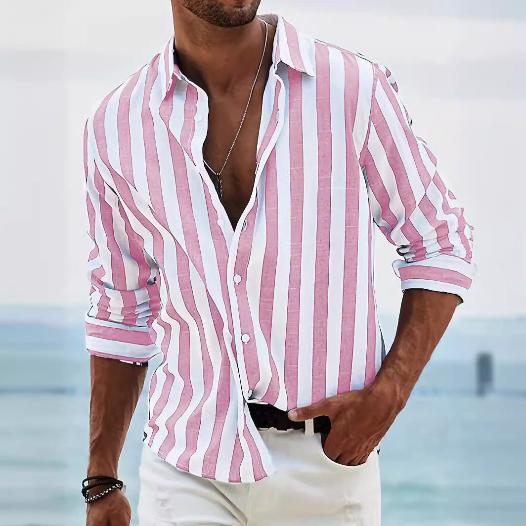 Men’s Striped Button-Up Shirt – Casual Loose Long-Sleeve