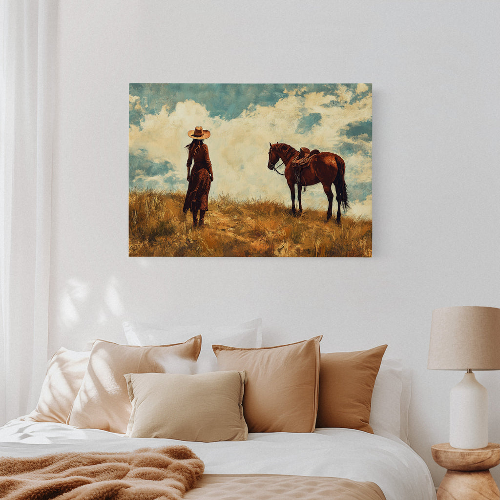 Cowgirl and Horse Under Big Sky