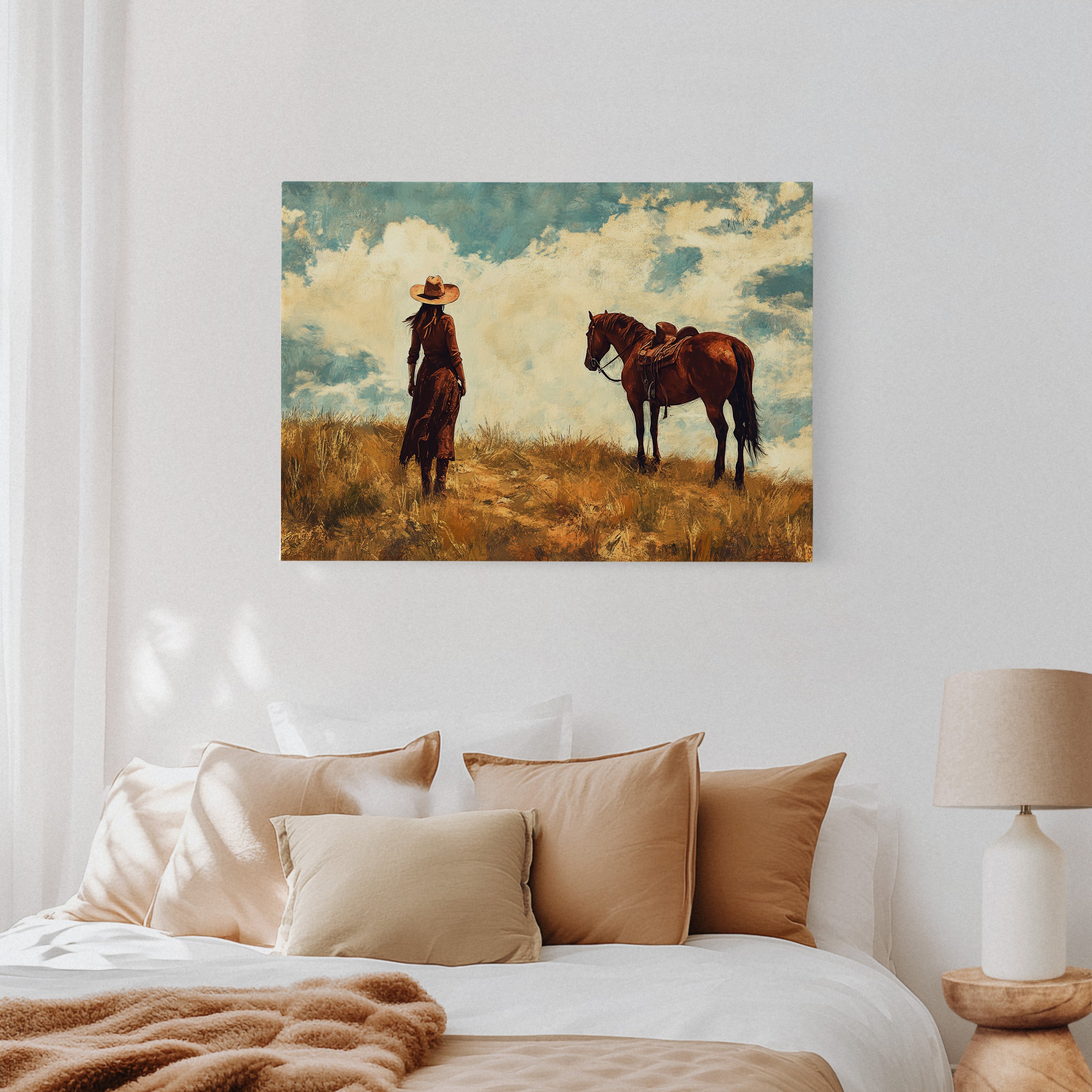 Cowgirl and Horse Under Big Sky