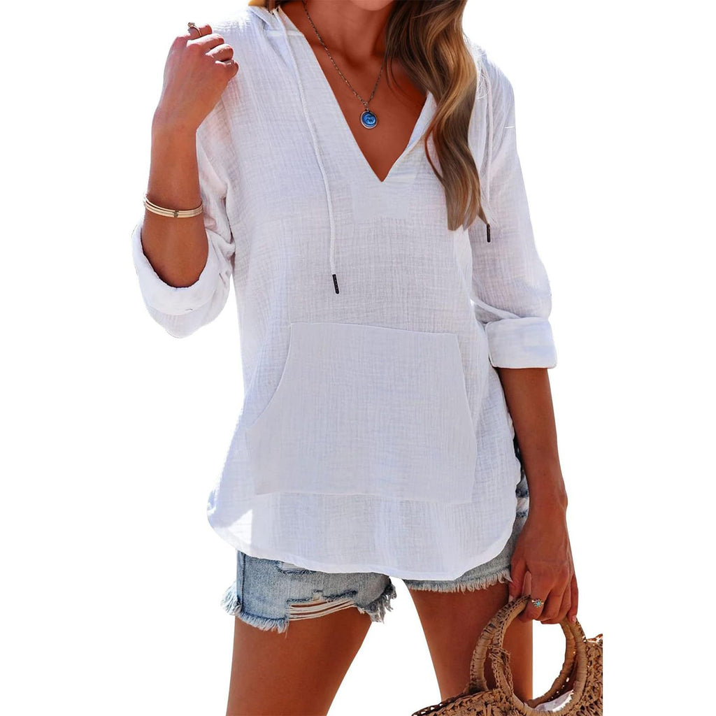 Women’s V-Neck Hooded Top with Pockets – Long Sleeve Split Hem