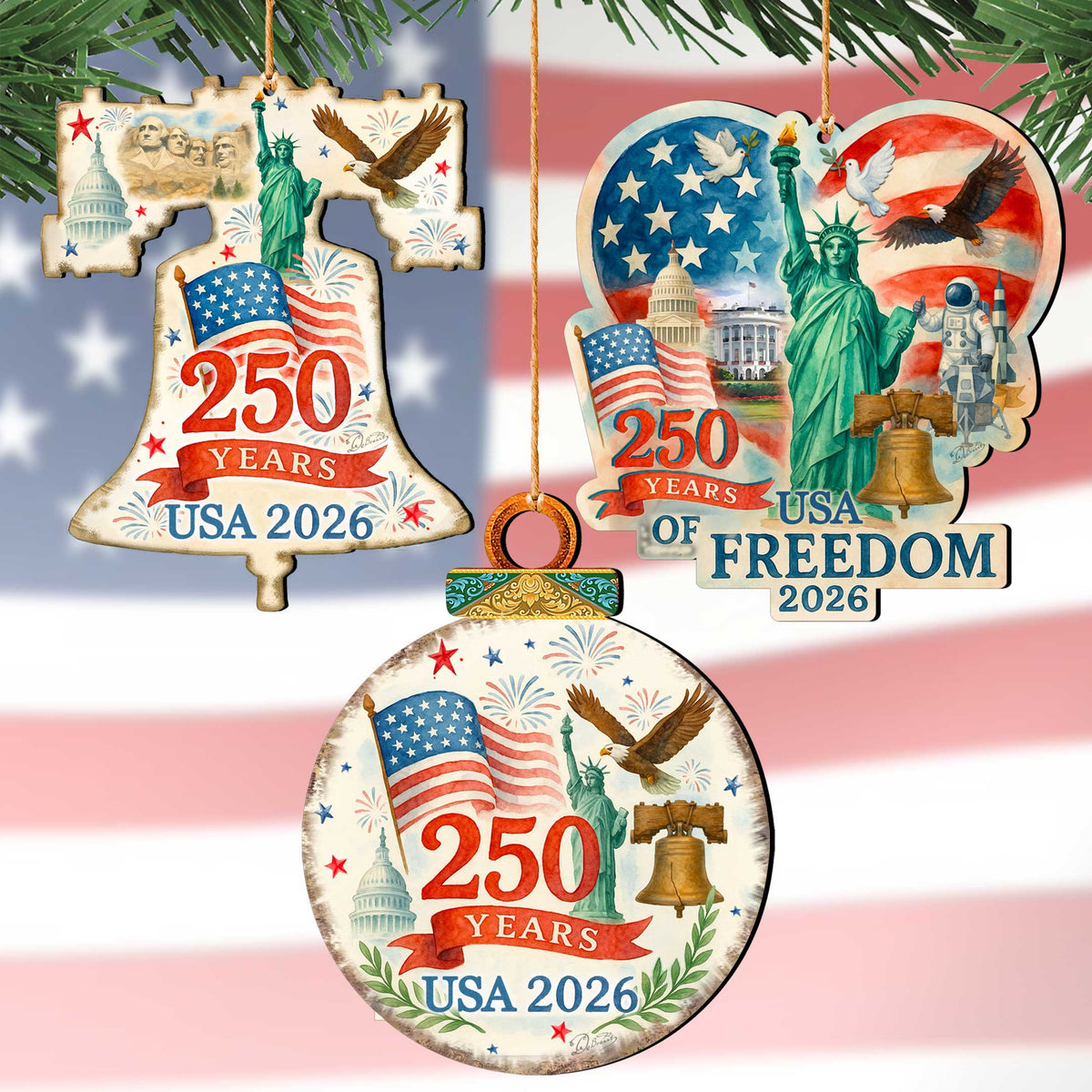 Patriotic 250 Years of Freedom Wooden Ornaments – USA 250th Anniversary 2026 Set of 3 – Handcrafted in USA – 8091132-S3