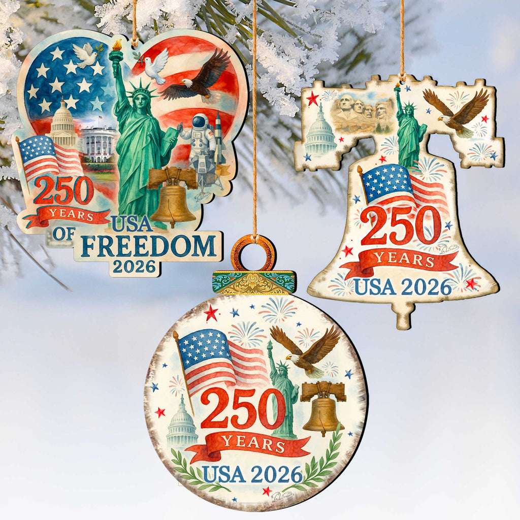Patriotic 250 Years of Freedom Wooden Ornaments – USA 250th Anniversary 2026 Set of 3 – Handcrafted in USA – 8091132-S3