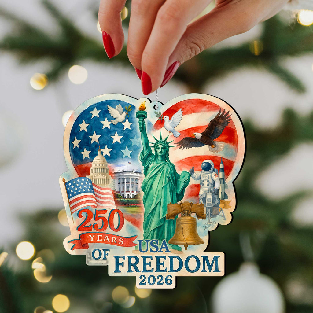 Patriotic 250 Years of Freedom Wooden Ornaments – USA 250th Anniversary 2026 Set of 3 – Handcrafted in USA – 8091132-S3