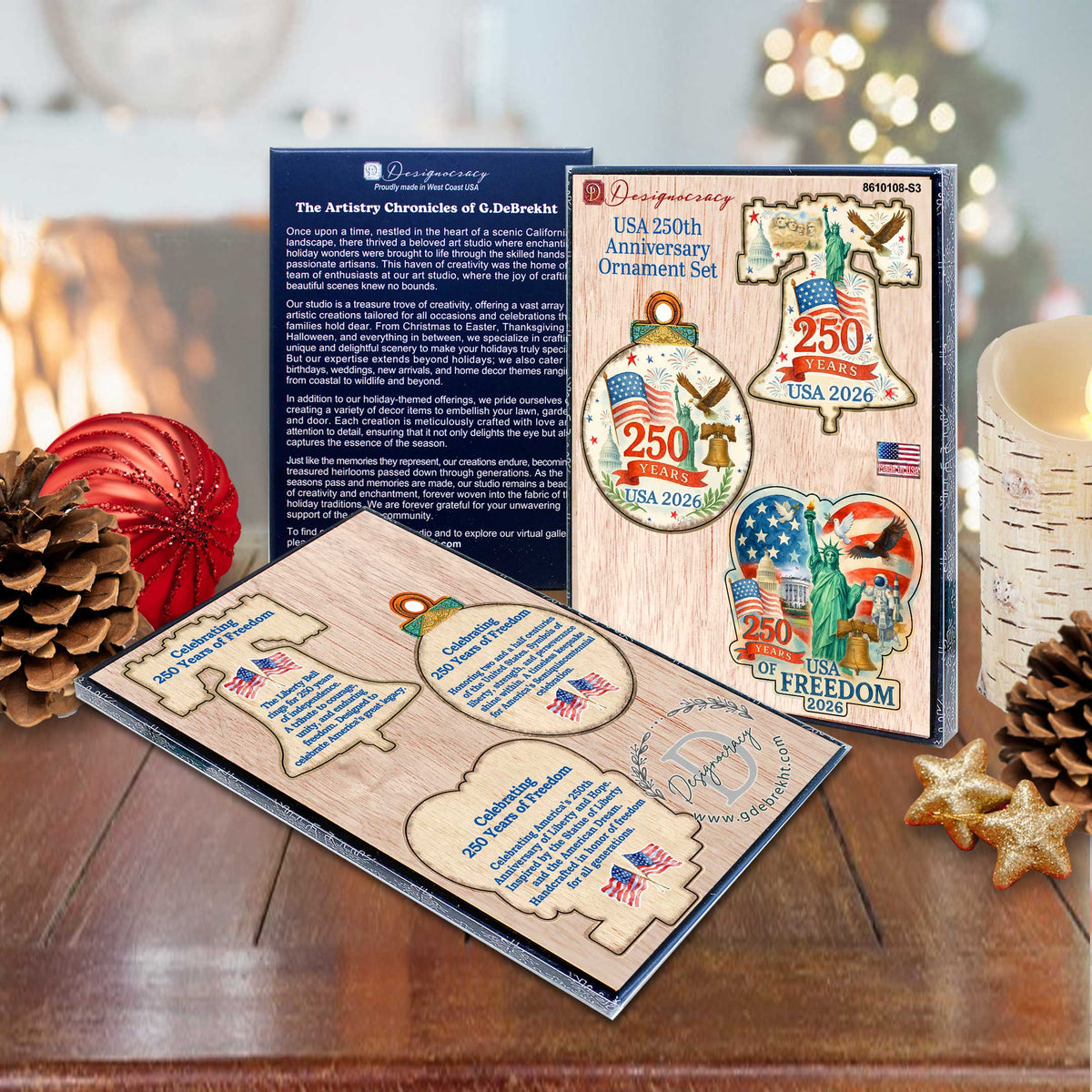 Patriotic 250 Years of Freedom Wooden Ornaments – USA 250th Anniversary 2026 Set of 3 – Handcrafted in USA – 8091132-S3