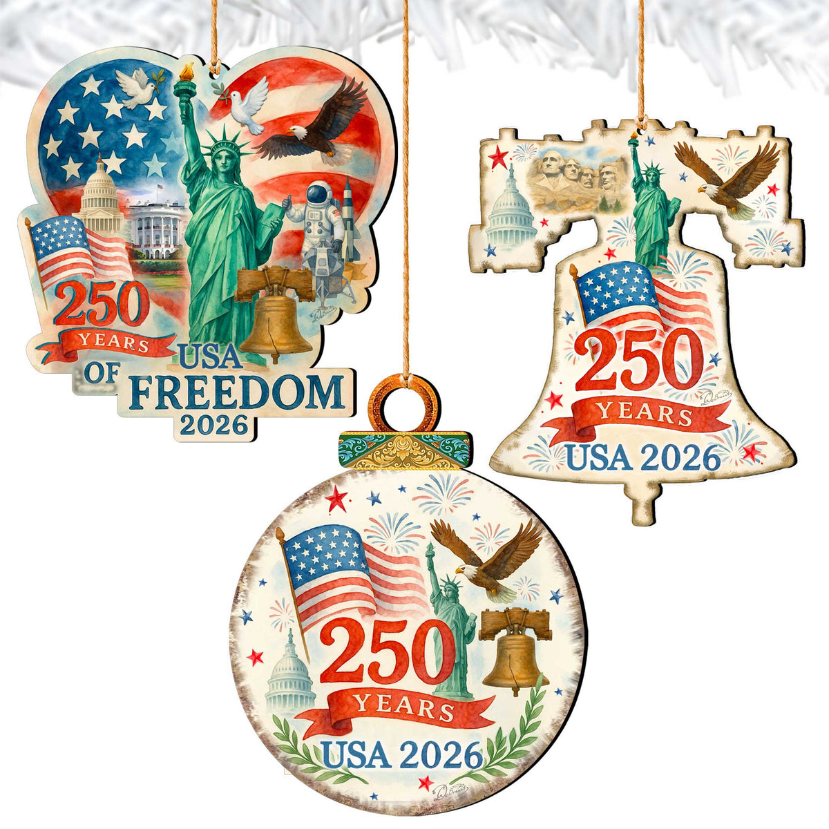 Patriotic 250 Years of Freedom Wooden Ornaments – USA 250th Anniversary 2026 Set of 3 – Handcrafted in USA – 8091132-S3