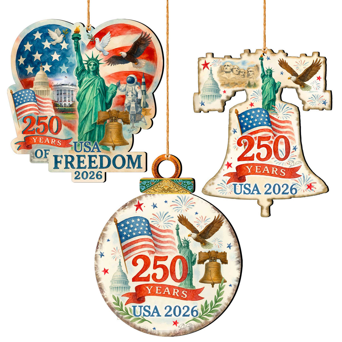 Patriotic 250 Years of Freedom Wooden Ornaments – USA 250th Anniversary 2026 Set of 3 – Handcrafted in USA – 8091132-S3