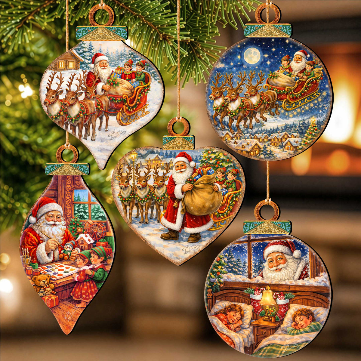 Santa’s Christmas Story Ornament Set – Santa, Reindeer & Elves – Set of 10 – 8610114-S10
