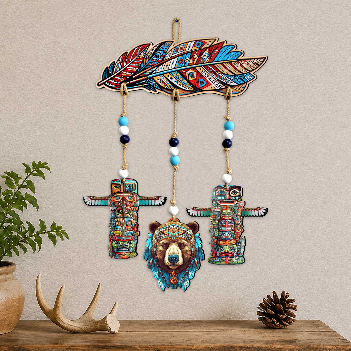 Woodland Bear & Totem Wooden Wall Hanger with Feather Design – Rustic Lodge Décor – 862103-S4