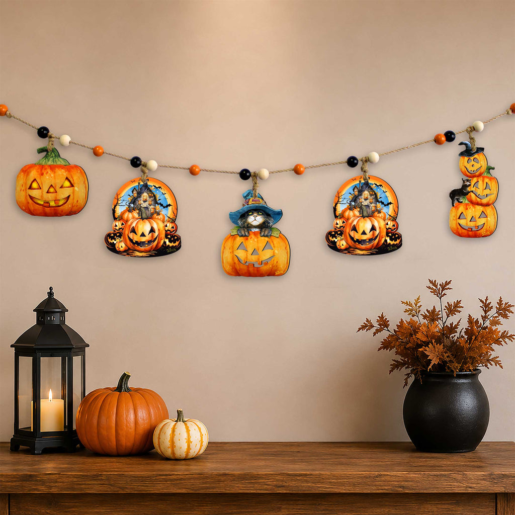Jack-O’-Lantern Halloween Wooden Garland with 5 Hanging Pumpkin Decorations – 862109-S5
