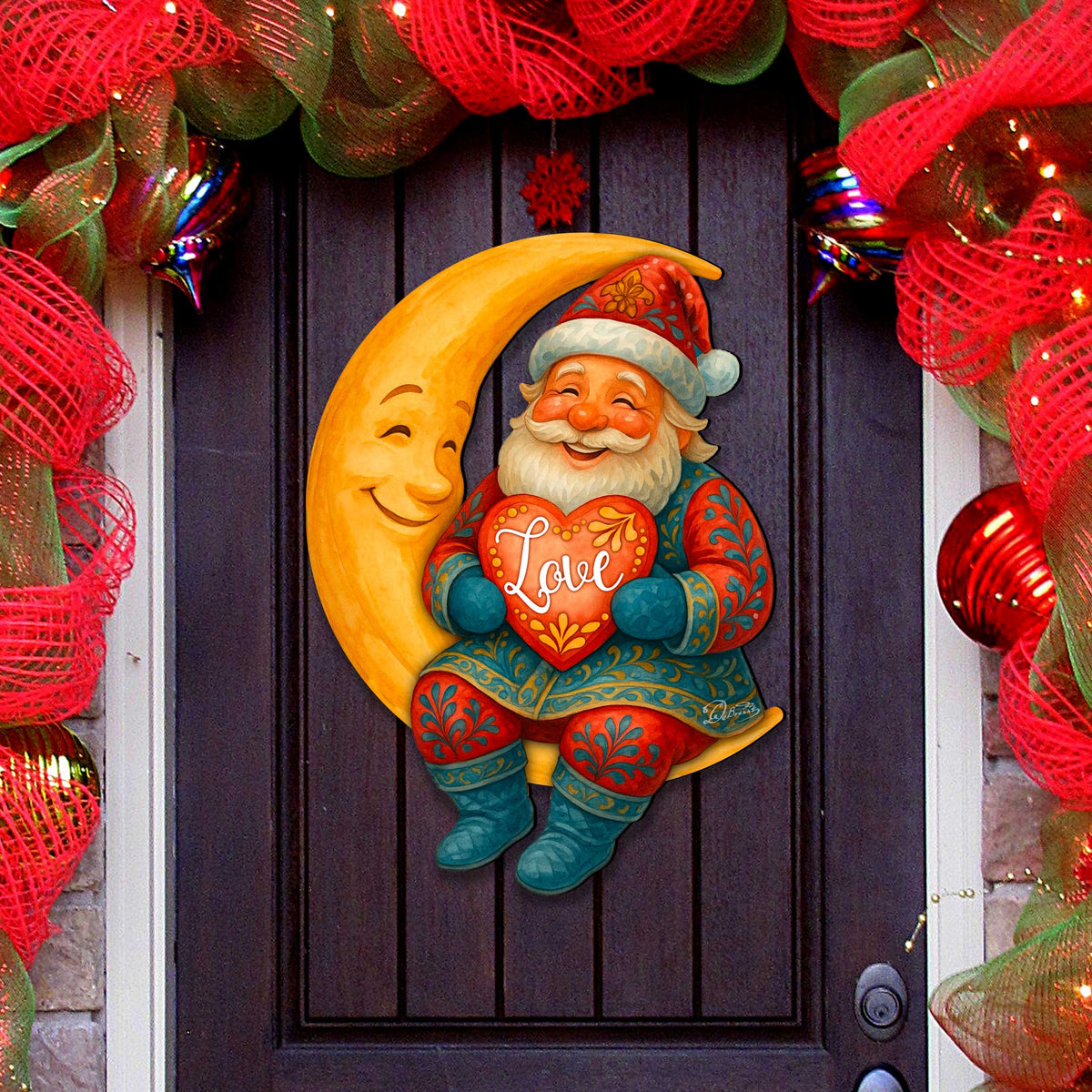 Santa on the Moon Love Christmas Door Hanger – Handcrafted Holiday Door Décor by G. Debrekht – 8652844H