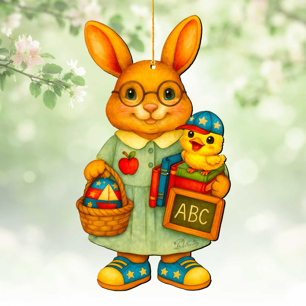 Patriotic Teacher Bunny Wooden Ornament – Handcrafted Wooden Americana Easter Décor by G. Debrekht - 8652858