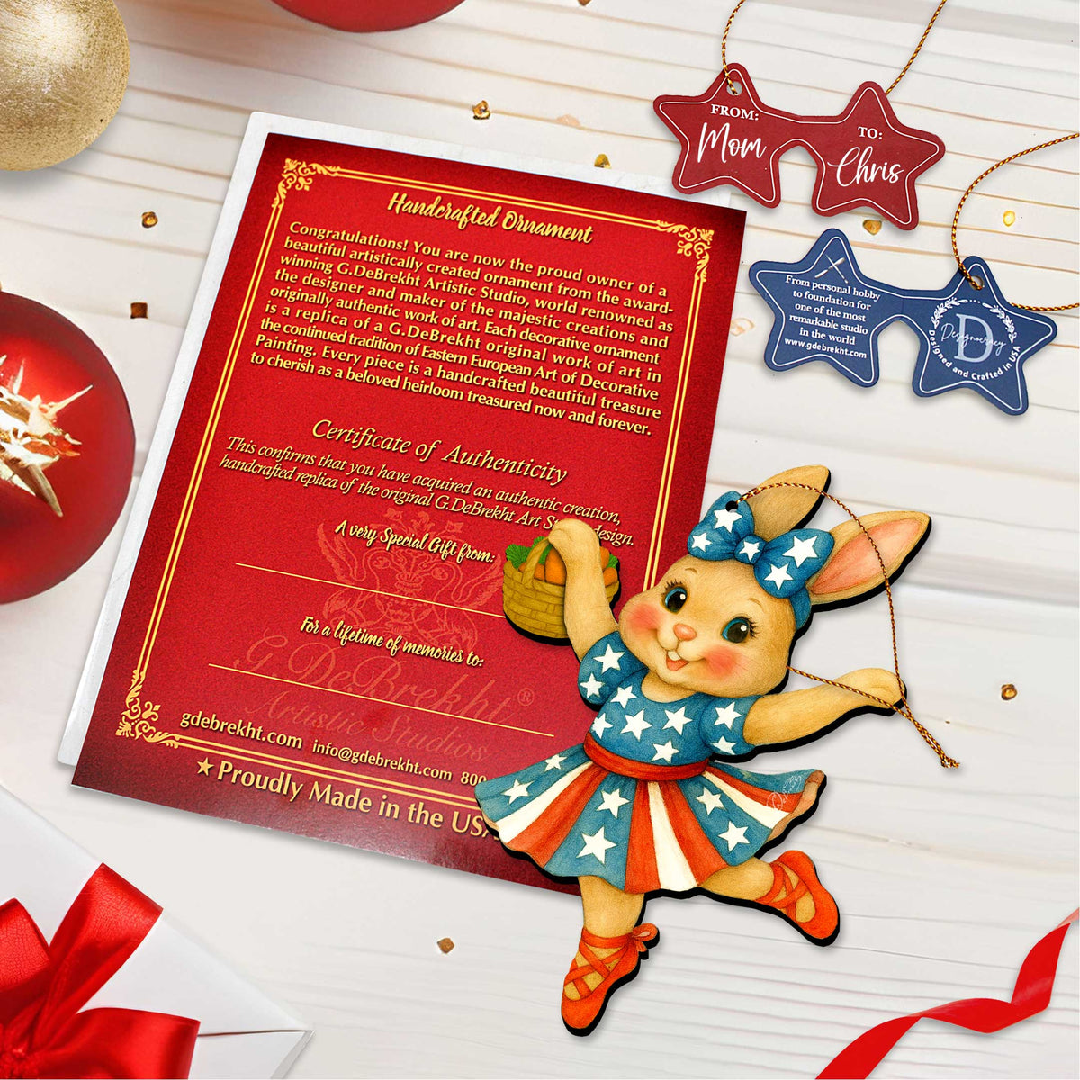 Patriotic Dancing Bunny Easter Wooden Ornament – Handcrafted Wooden Americana Easter Décor by G. Debrekht - 8652863