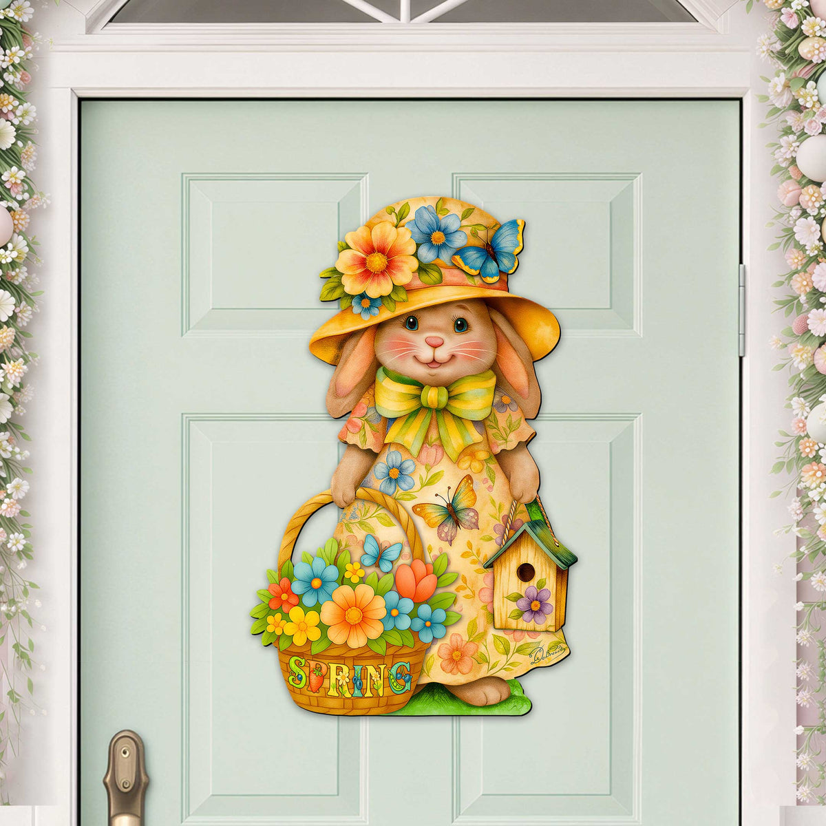 Floral Easter Bunny Door Hanger – Handcrafted Wooden Spring Door Décor by G. Debrekht - 8652865H