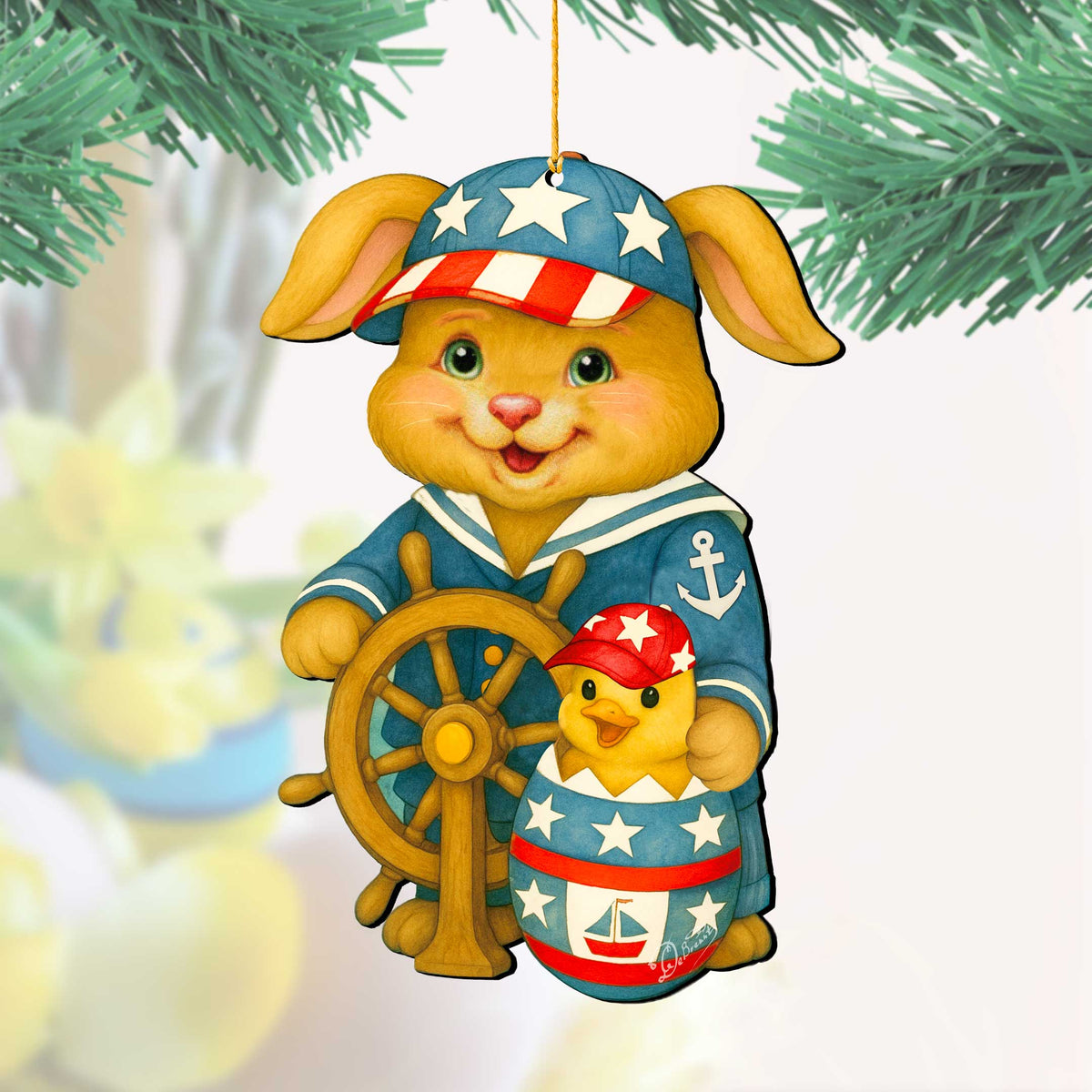 Patriotic Sailor Bunny Wooden Ornament – Easter Bunny Decoration – Handcrafted Wooden Easter Décor by G. Debrekht - 8652872