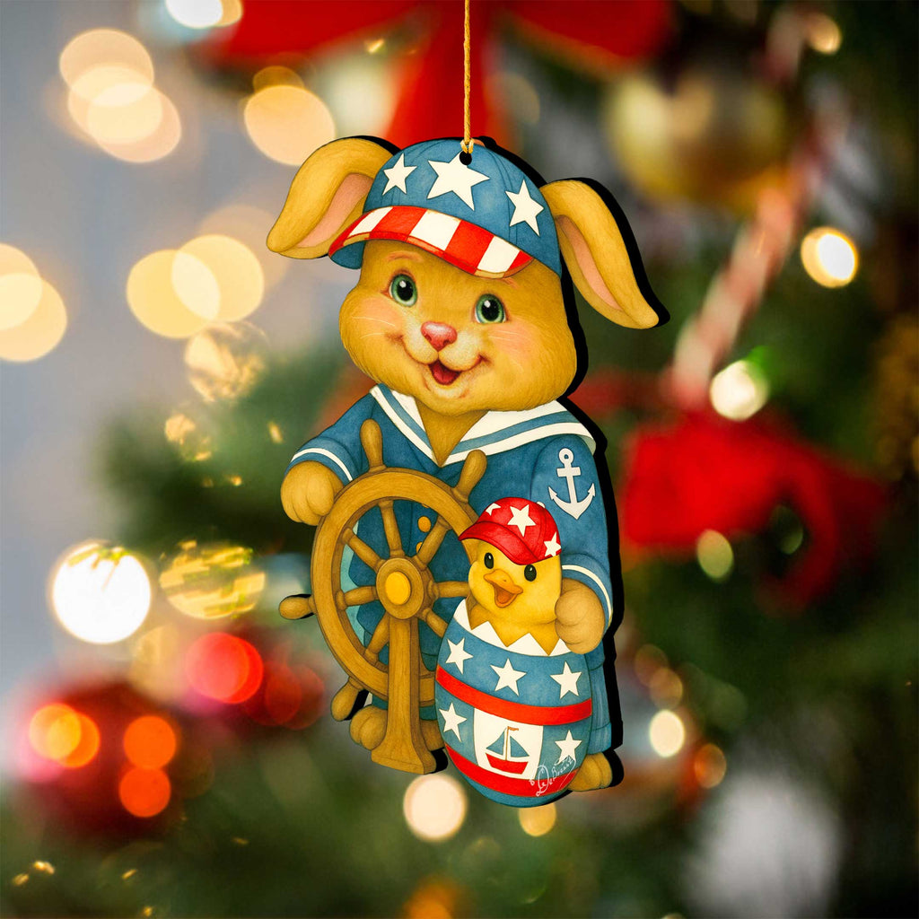 Patriotic Sailor Bunny Wooden Ornament – Easter Bunny Decoration – Handcrafted Wooden Easter Décor by G. Debrekht - 8652872