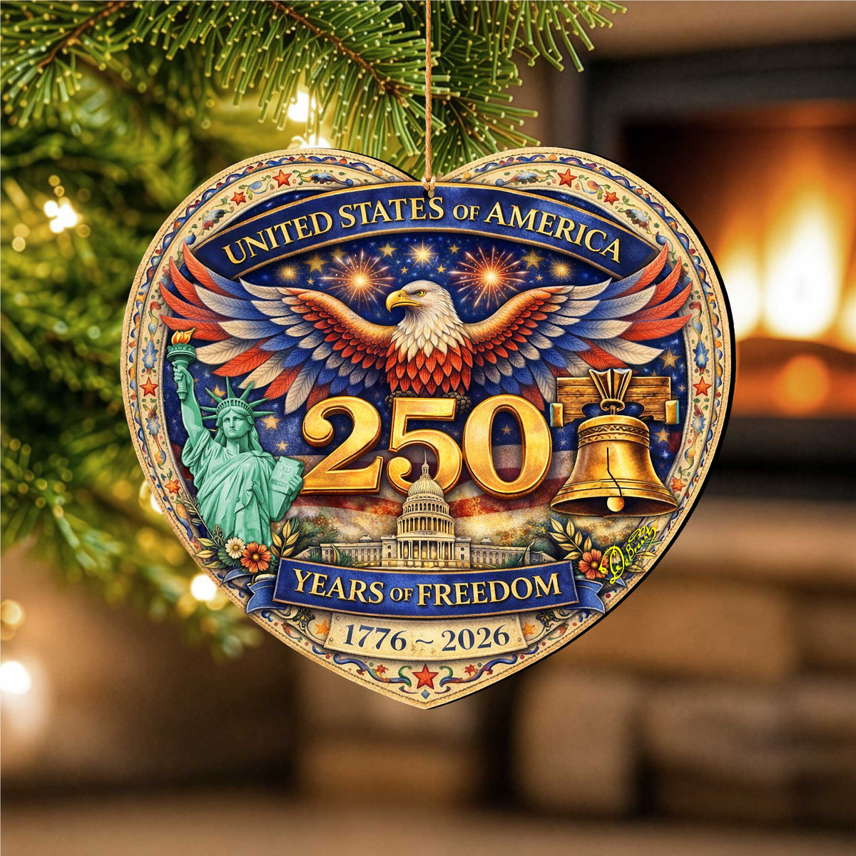 USA 250 Years of Freedom Wooden Ornament – Patriotic Eagle Christmas Ornament 1776–2026 by G. DeBrekht - American Patriotic Decor – 8652897